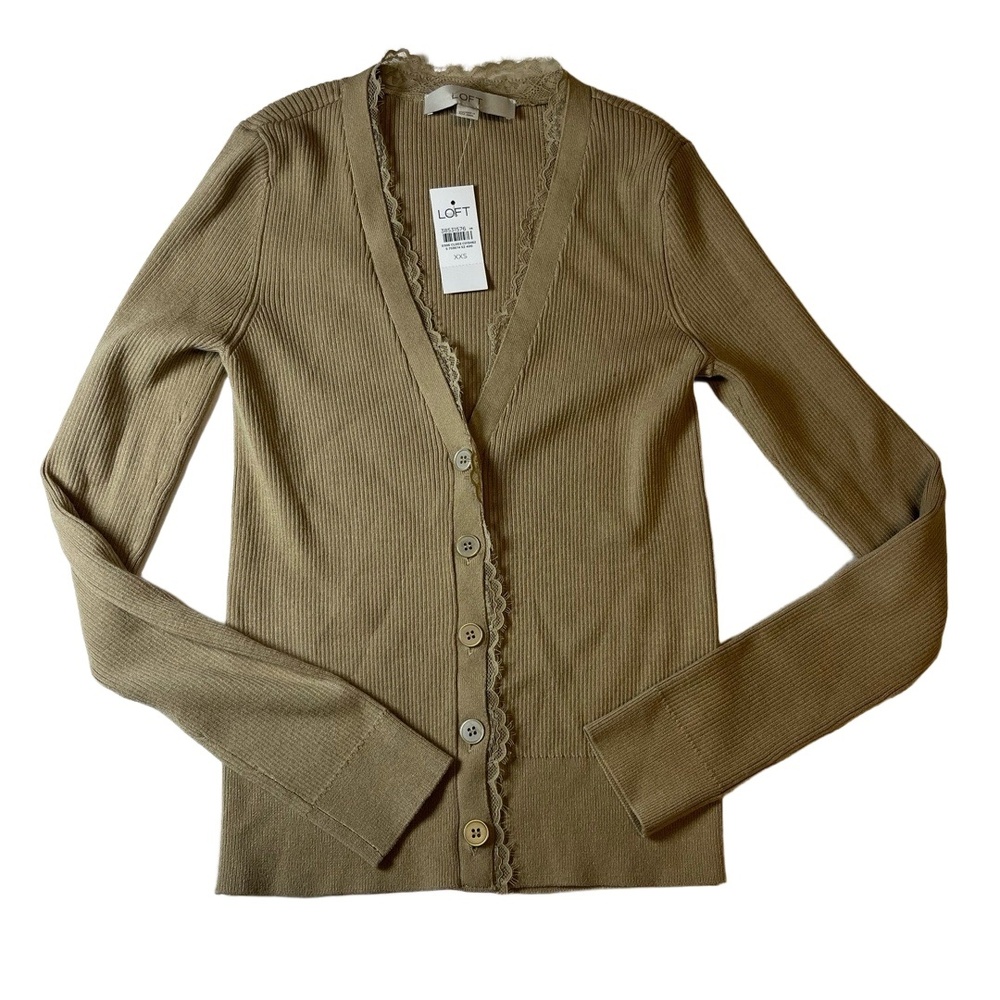 NWT LOFT Cardigan Womens Size XXS Tan Ribbed Knit Lace Trim Cozy Layering